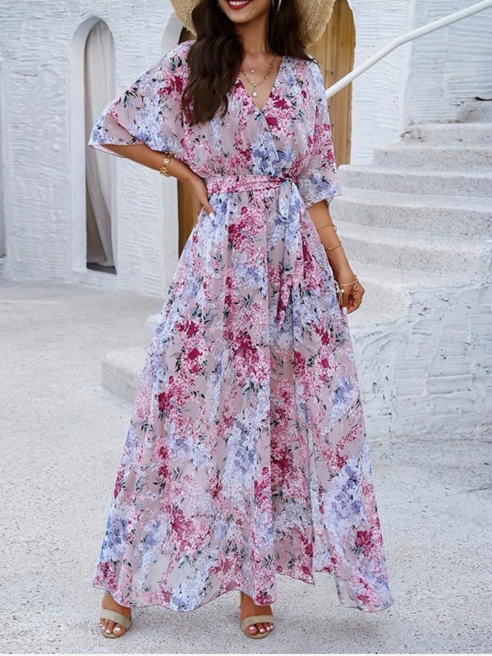 Romantic Floral V-Neck Maxi Dress in Pink and Blue